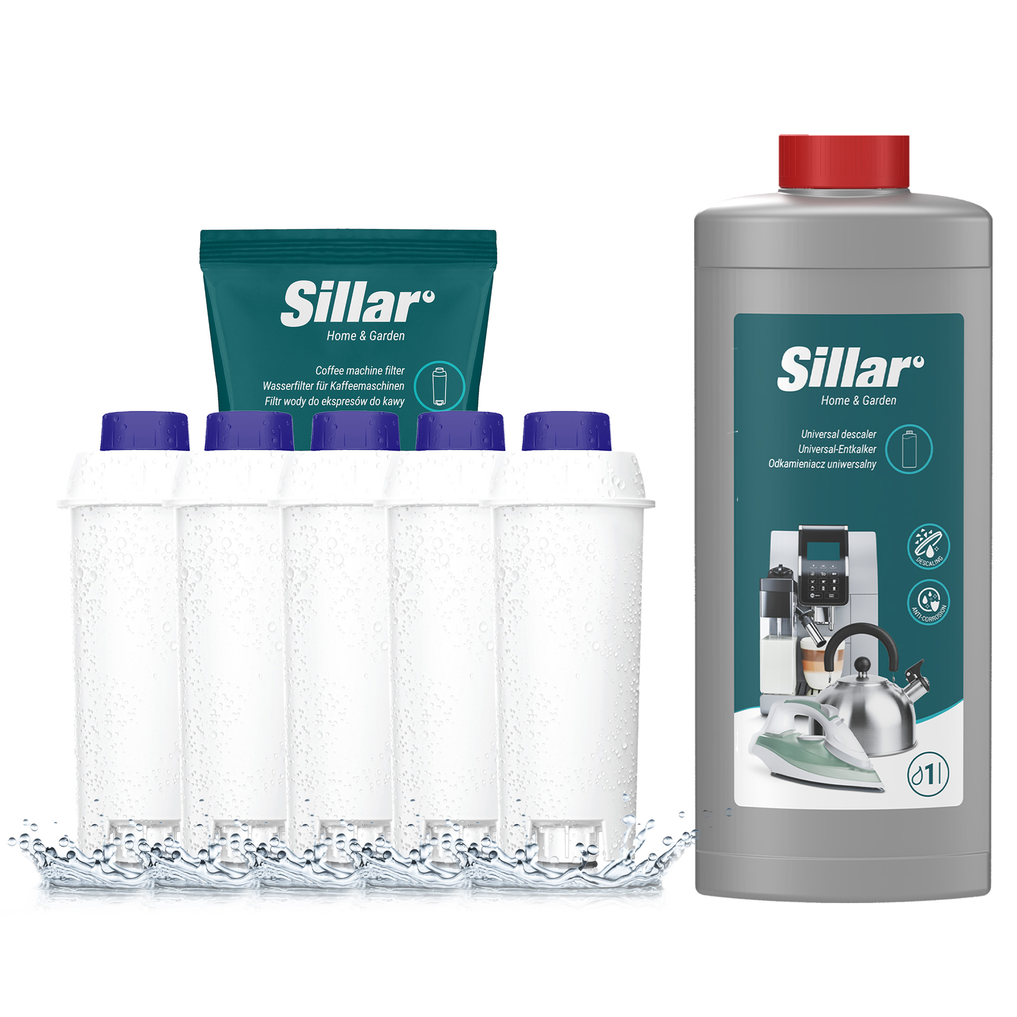 Sada Sillar pre kávovar Delonghi: 5x vodný filter + odvápňovací prostriedok 1l
